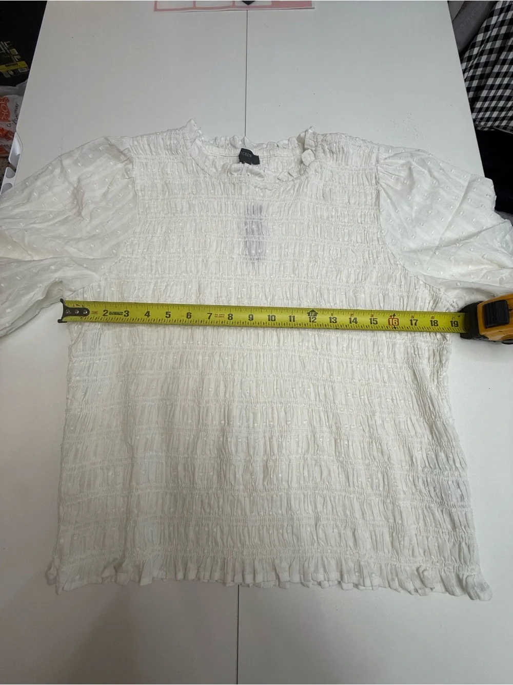 J. Crew White Smocked Puff-Sleeve Ruffle-Trim Blouse size XL